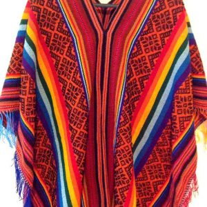 Peruvian Traditional Wool Blend Poncho - Red/Black/Rainbow,